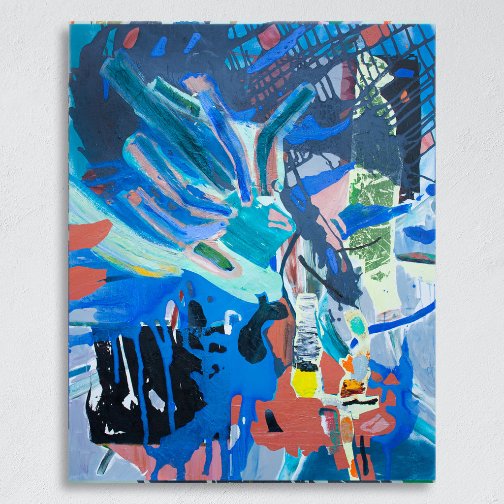 Cobalt Writhe by Katie Kirk — an original abstract painting in cobalt blue, navy, coral, and pale mint, acrylic and paint skins on canvas, 60 × 48 in, 2024.
