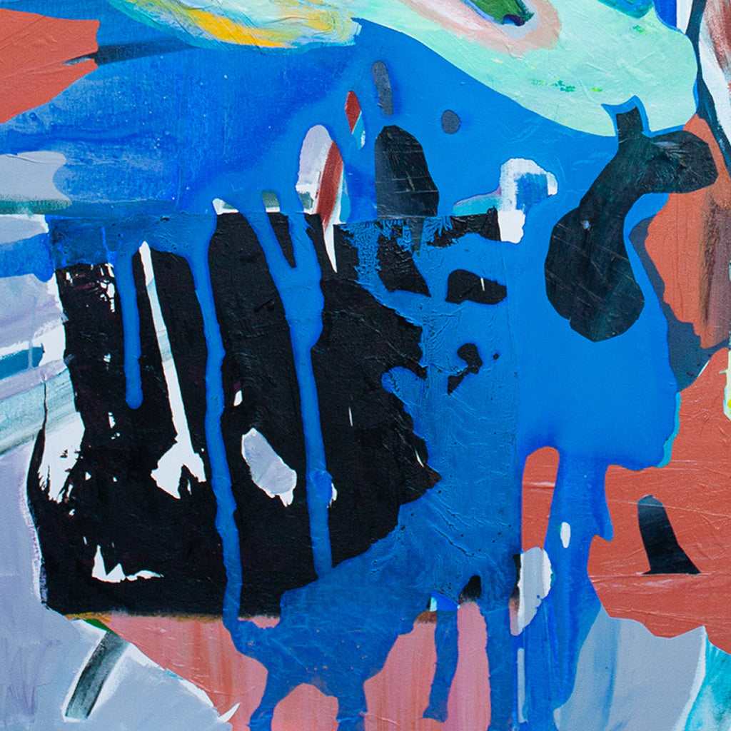 Cobalt Writhe by Katie Kirk — an original abstract painting in cobalt blue, navy, coral, and pale mint, acrylic and paint skins on canvas, 60 × 48 in, 2024. Additional view.