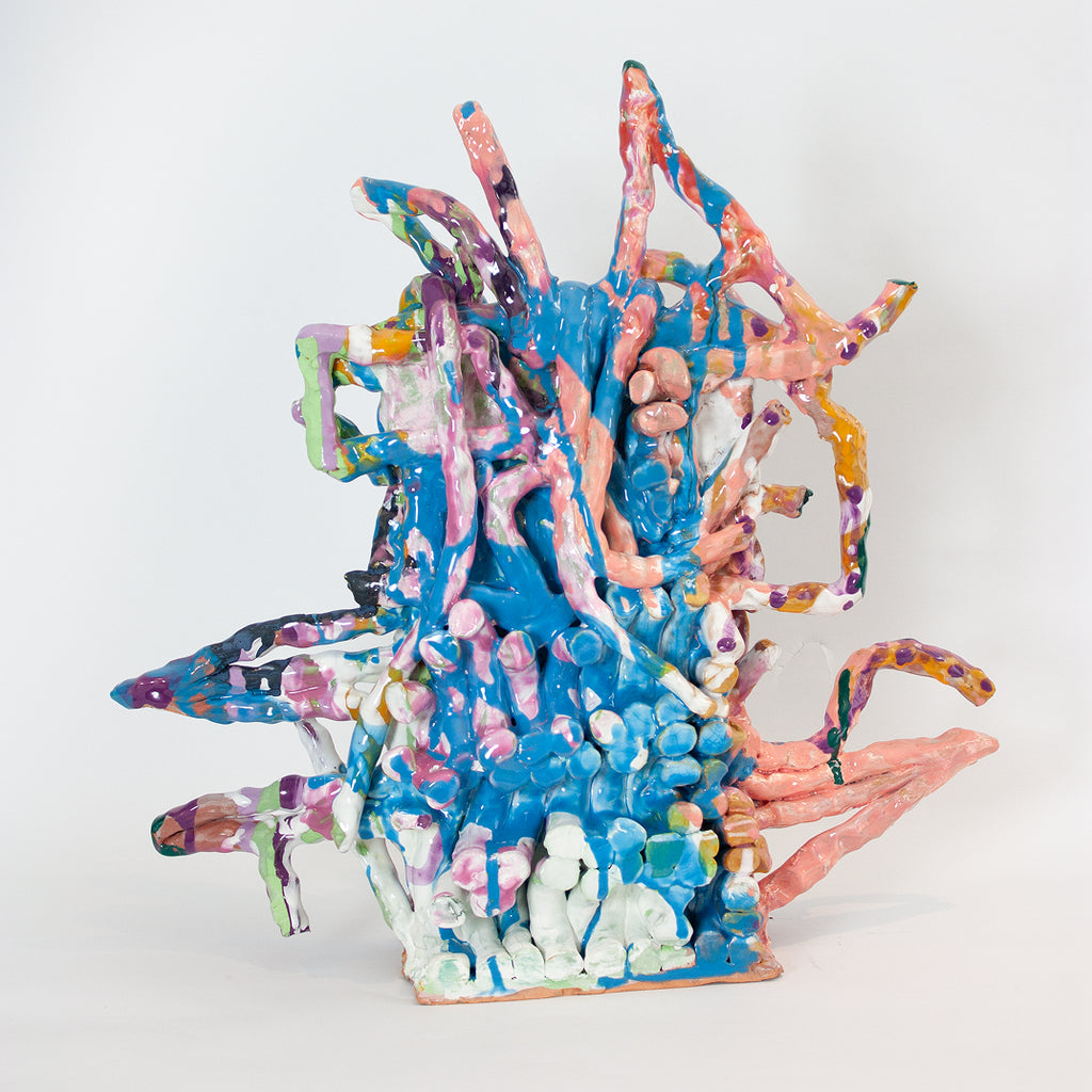 Indecipherable amnesia by Katie Kirk — an original ceramic sculpture in sky blue, salmon pink, and marigold orange, glazed ceramic, 19 × 19.5 × 5 in, 2024.