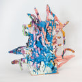Indecipherable amnesia by Katie Kirk — an original ceramic sculpture in sky blue, salmon pink, and marigold orange, glazed ceramic, 19 × 19.5 × 5 in, 2024.