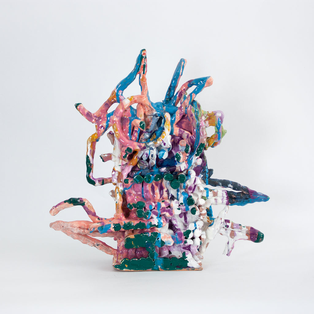 Indecipherable amnesia by Katie Kirk — an original ceramic sculpture in sky blue, salmon pink, and marigold orange, glazed ceramic, 19 × 19.5 × 5 in, 2024. Additional view.