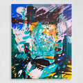 Centered by Katie Kirk — an original abstract painting in turquoise, electric blue, and dark plum, acrylic and paint skins on canvas, 60 × 48 in, 2025.